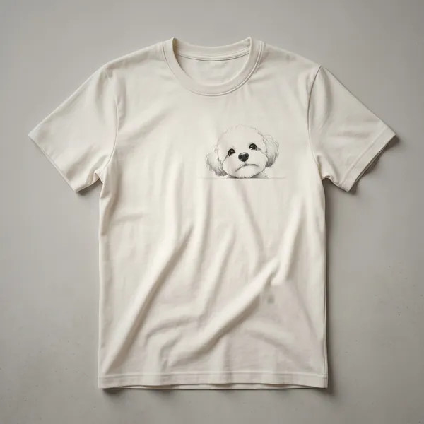 White graphic t-shirt featuring a cartoon Maltipoo dog peeking over a colorful floral border with the text 'Maltipoo' visible.