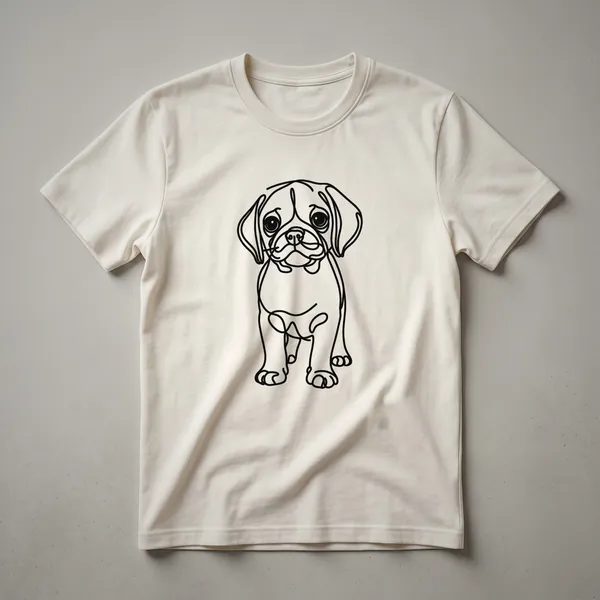 A white t-shirt featuring a black line art drawing of a Puggle dog's head and upper body.