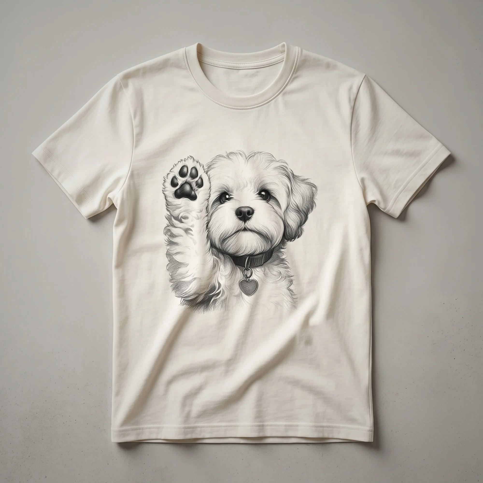 White Maltipoo dog with brown ears raising its paw in a graphic design on a t-shirt, set against a plain background.