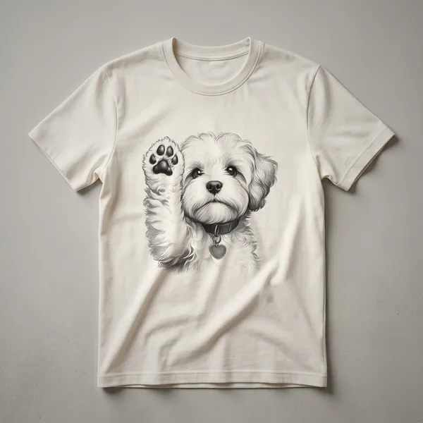 White Maltipoo dog with brown ears raising its paw in a graphic design on a t-shirt, set against a plain background.