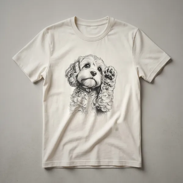 White graphic t-shirt featuring a black dog paw print with a red heart inside the paw pads.