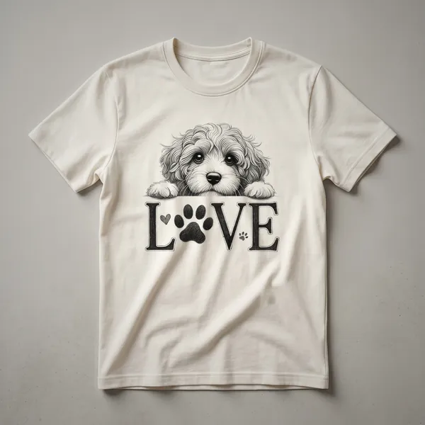A black graphic t-shirt with a white paw print design containing a red heart in the center, symbolizing dog love.