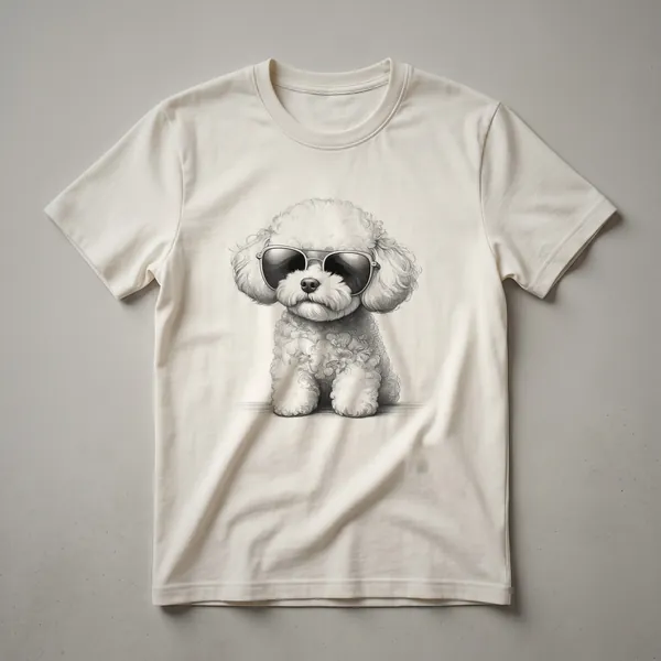 Black t-shirt with a graphic design of a dog wearing red, white, and blue sunglasses.