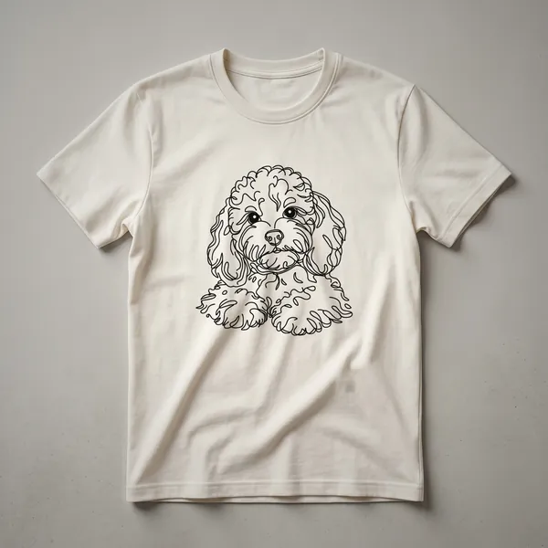 A black line art drawing of a Cavapoo dog on a white t-shirt, showcasing its playful and affectionate nature.