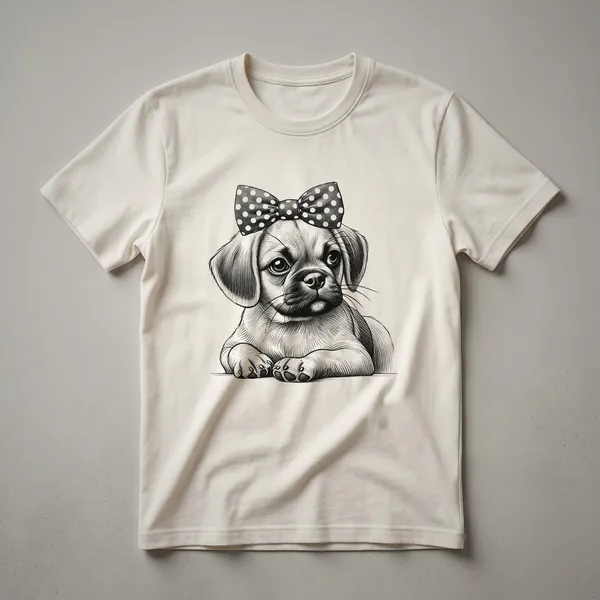 White graphic t-shirt featuring a Puggle dog's face wearing a colorful floral crown, with the text 'Puggle Mom' above it.