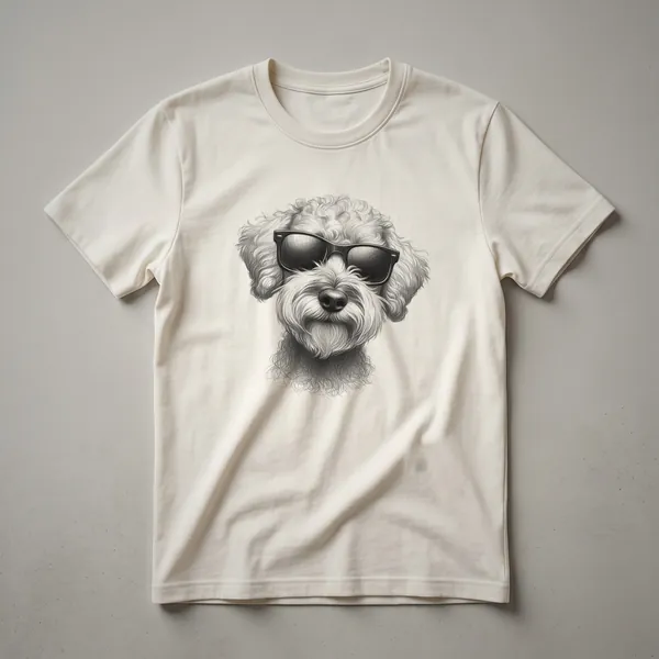 Black t-shirt featuring a graphic of a dog wearing sunglasses with a red, white, and blue patriotic theme.