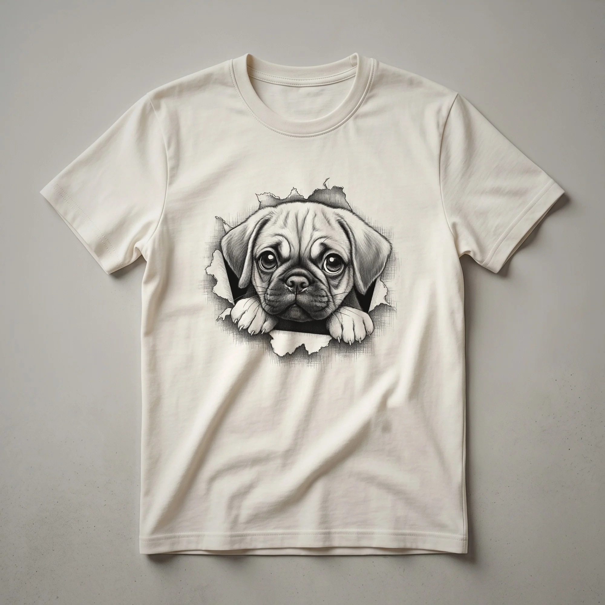 A white graphic t-shirt with a black print of a puggle dog peeking over the bottom edge of the design.