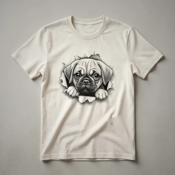 A white graphic t-shirt with a black print of a puggle dog peeking over the bottom edge of the design.