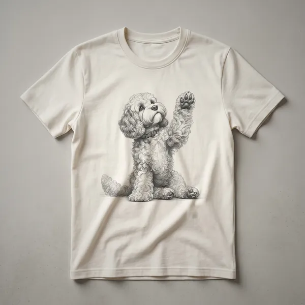 White graphic t-shirt featuring a peeking Cockapoo dog face with a heart-shaped paw print design.