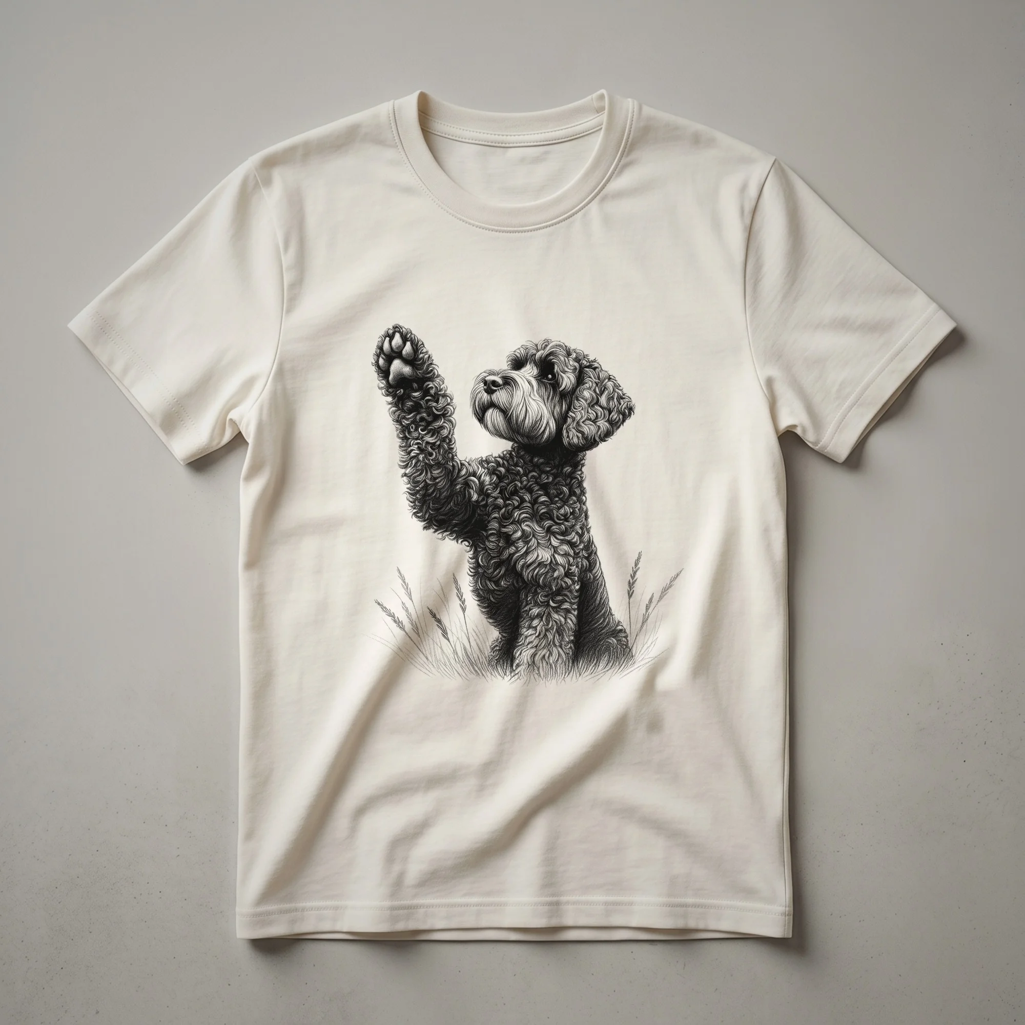 A white graphic t-shirt featuring a line-art illustration of a Schnoodle dog raising its paw.