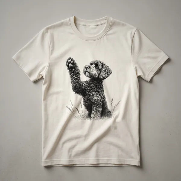 A white graphic t-shirt featuring a line-art illustration of a Schnoodle dog raising its paw.