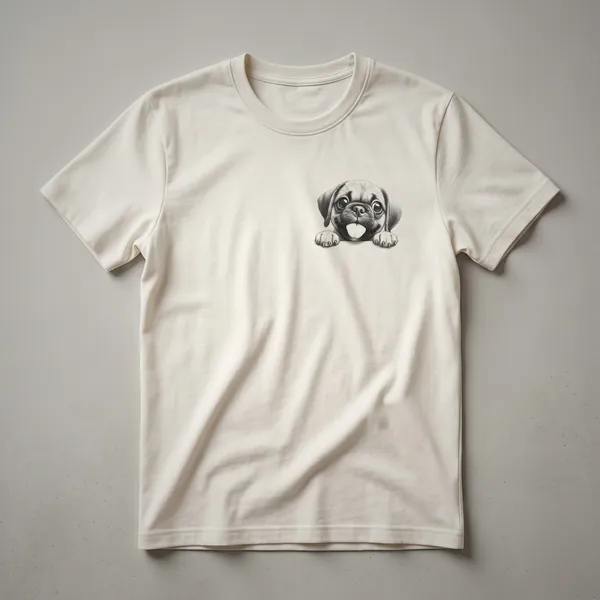 A white graphic t-shirt featuring a cartoon illustration of a Puggle dog peeking over the bottom edge of the design.