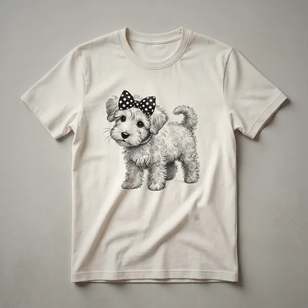 White graphic t-shirt with a black and white Schnoodle dog portrait and the text 'Schnoodle Mom' above it.