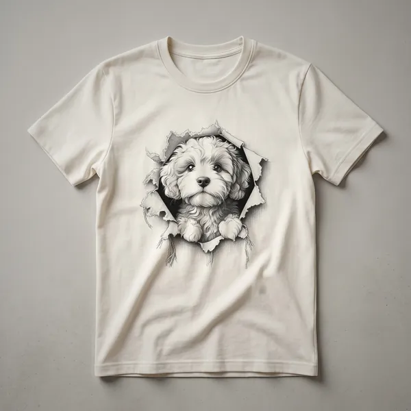 White t-shirt with a graphic of a Cavapoo dog peeking over the bottom hem, showing its face and front paws.