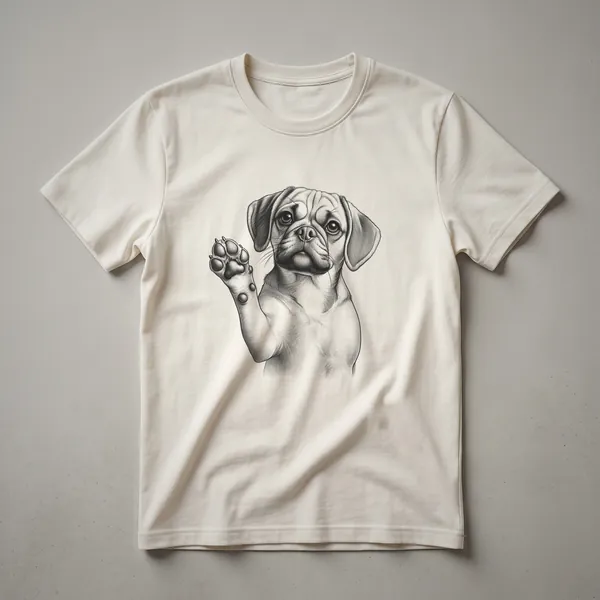 A white graphic t-shirt featuring a black dog paw print with the words 'Puggle Raising' in black text above it.