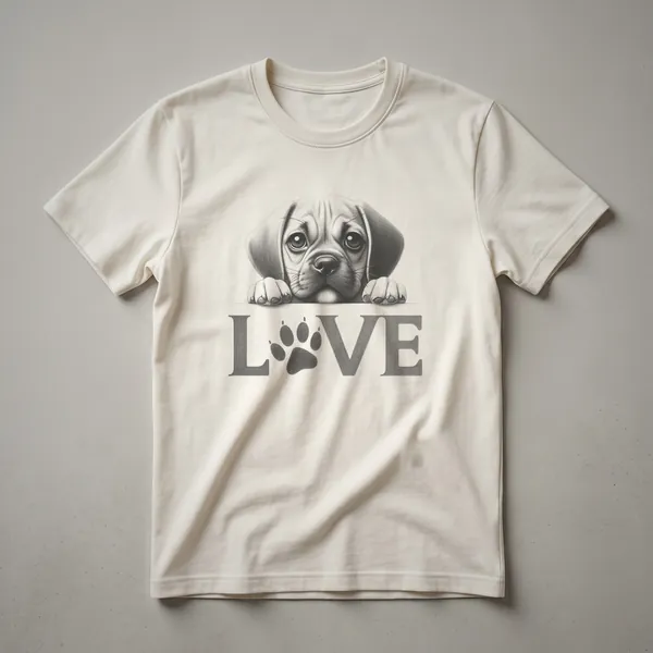 White graphic t-shirt featuring a black and white illustration of a Puggle dog with a red heart symbol above its head.