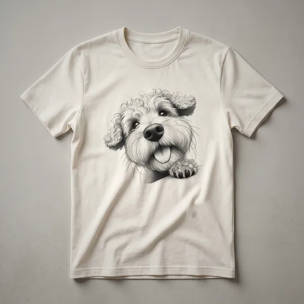White t-shirt with a cartoon Schnoodle dog peeking over the bottom edge, featuring a black nose, brown eyes, and floppy ears.