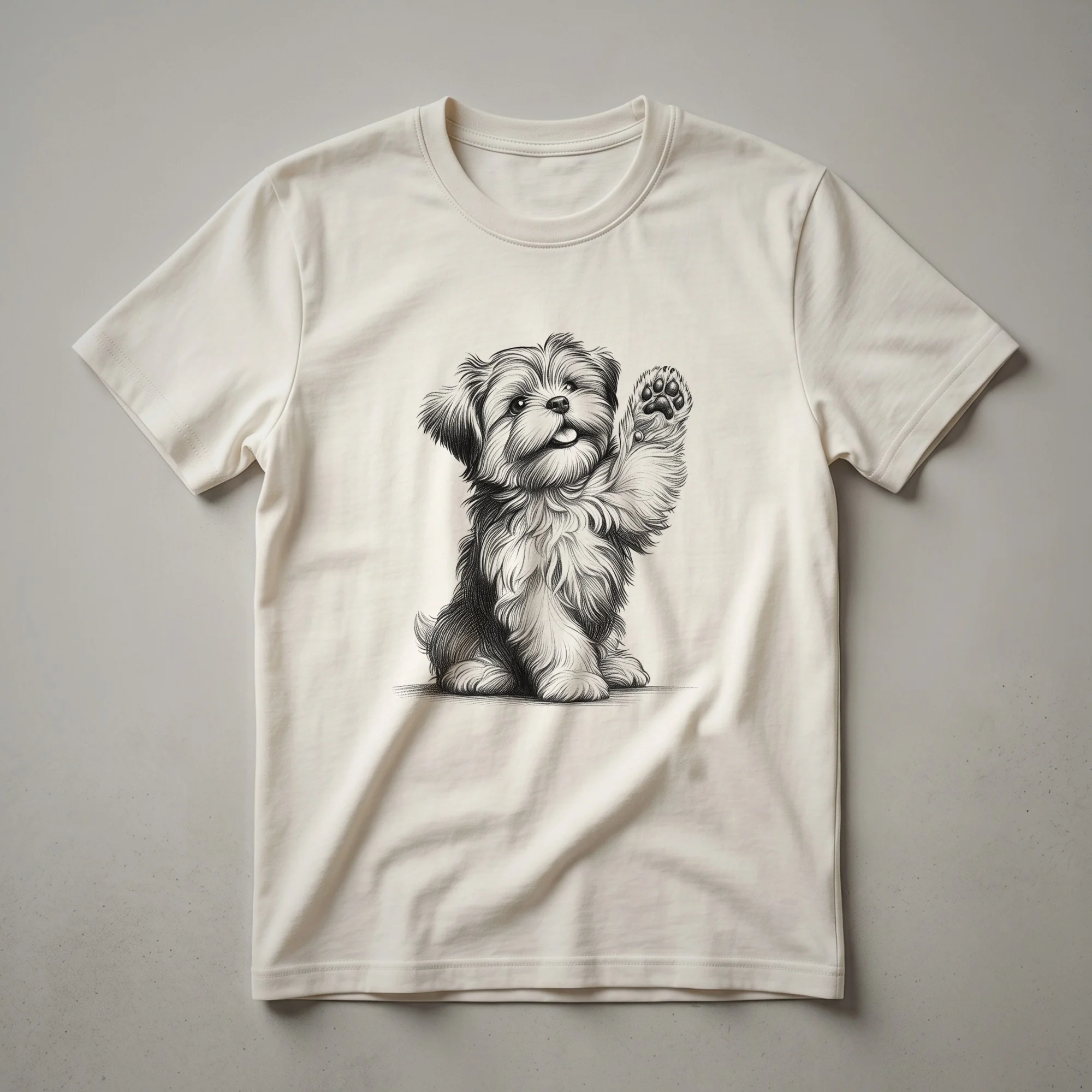 Black t-shirt featuring a cartoon illustration of a Shorkie dog with its front paw raised, presented against a plain black background.