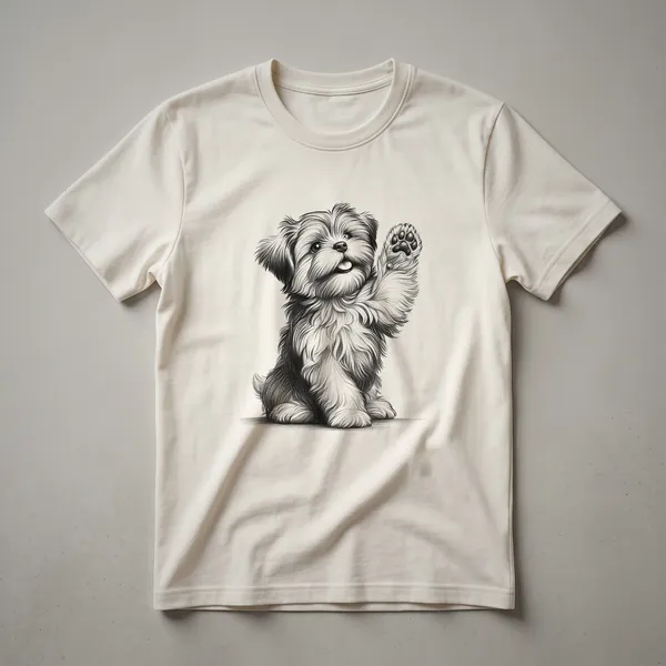 Black t-shirt featuring a cartoon illustration of a Shorkie dog with its front paw raised, presented against a plain black background.
