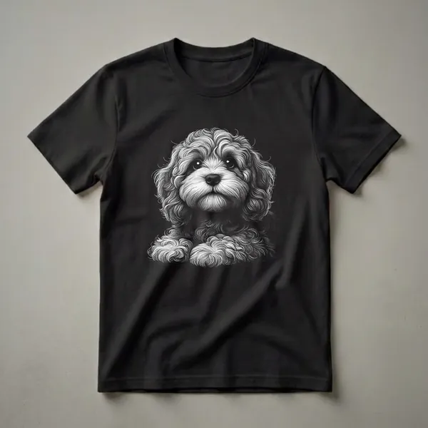 Black and white sketch art t-shirt featuring the detailed face of a Cavapoo dog with curly fur and expressive eyes.