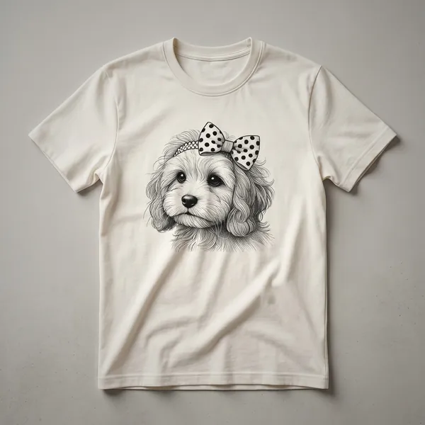 White graphic t-shirt featuring a stylized Cavapoo dog face with a floral crown design.