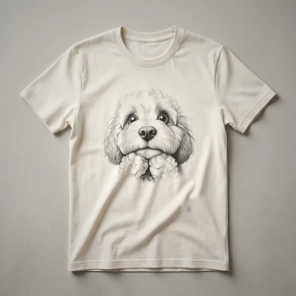 White t-shirt with a cartoon Cavapoo dog peeking from the bottom edge, with a playful expression.