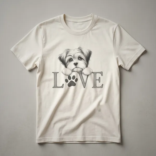 White graphic t-shirt featuring a stylized illustration of a Morkie dog's face with a heart symbol.