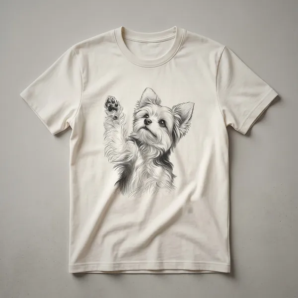 Black graphic t-shirt featuring a minimalist design of a Chorkie dog raising its paw.