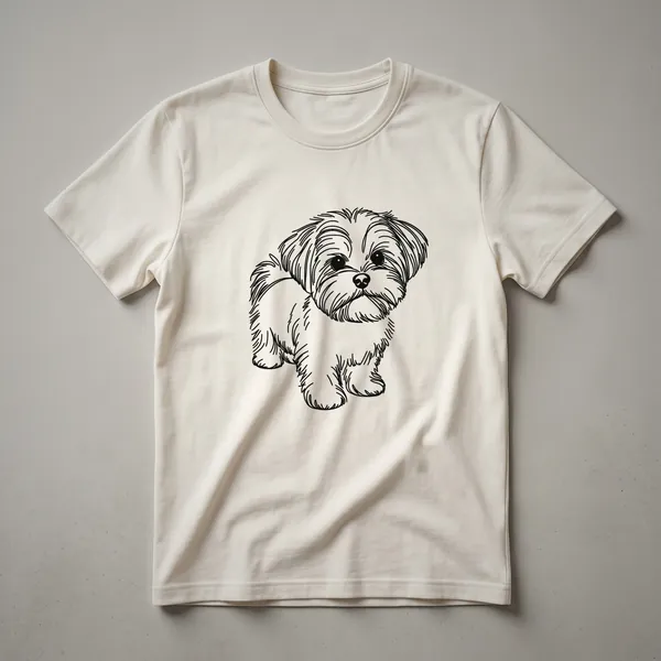 A black minimalist line art drawing of a Shorkie dog with its tail up, shown from the side on a white t-shirt.
