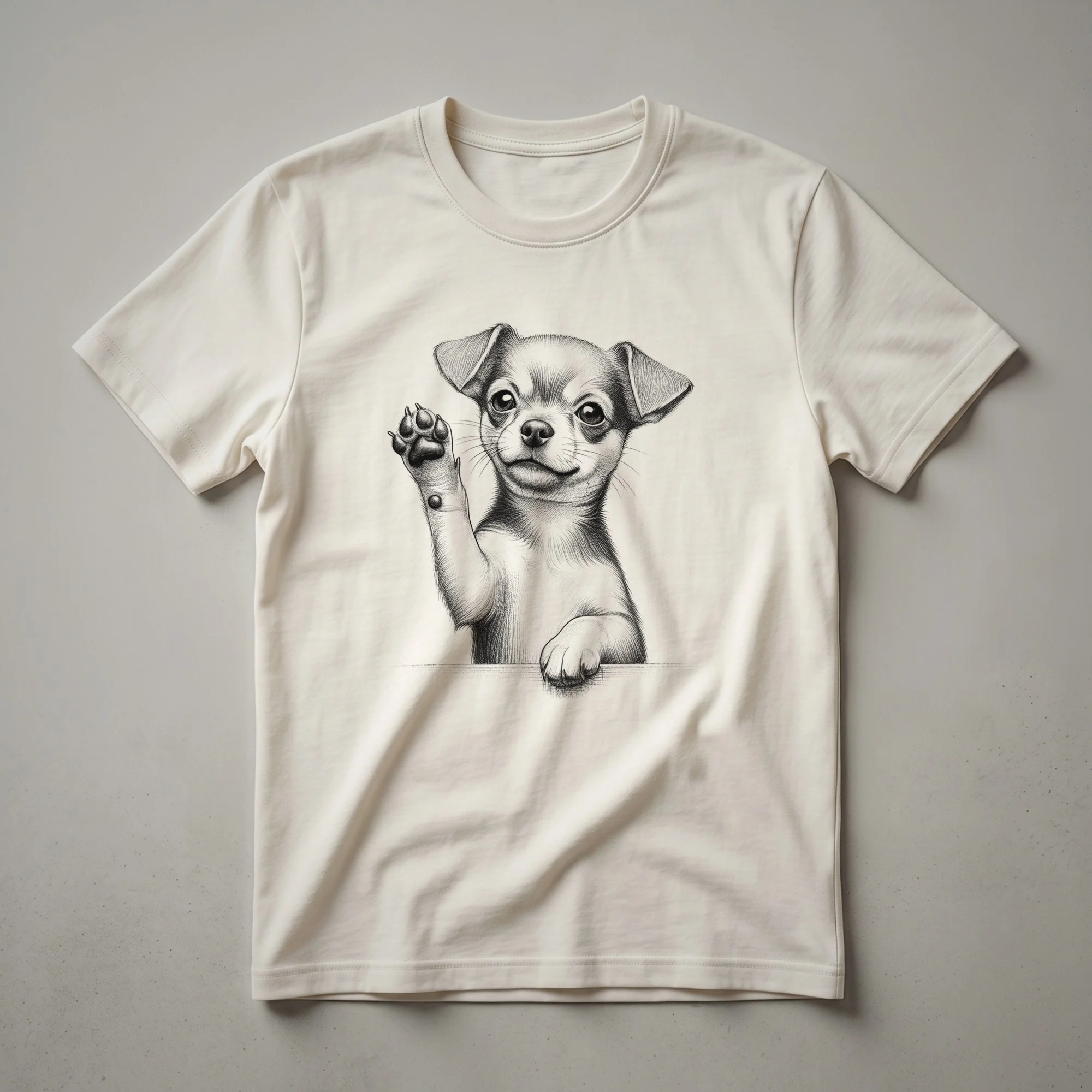 A white graphic t-shirt featuring a black and tan Chiweenie dog illustration with its front paw raised, designed for dog lovers.