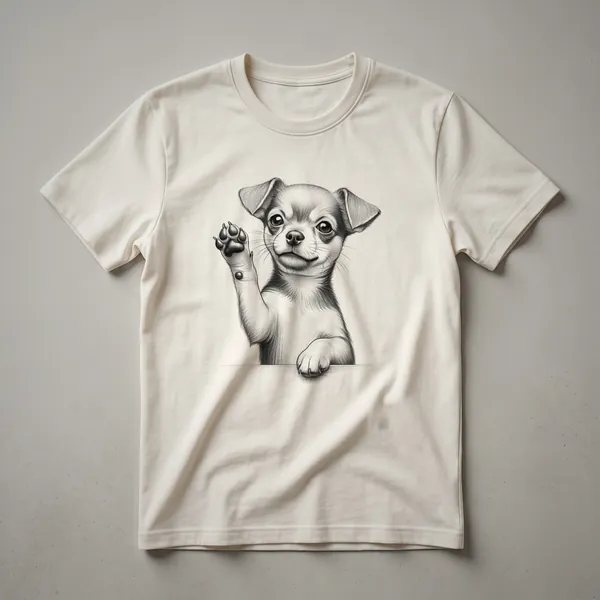 A white graphic t-shirt featuring a black and tan Chiweenie dog illustration with its front paw raised, designed for dog lovers.