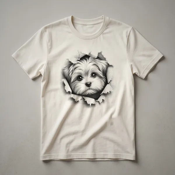 White t-shirt with a cartoon Morkie dog peeking from the bottom edge, featuring brown and white fur and a playful expression.
