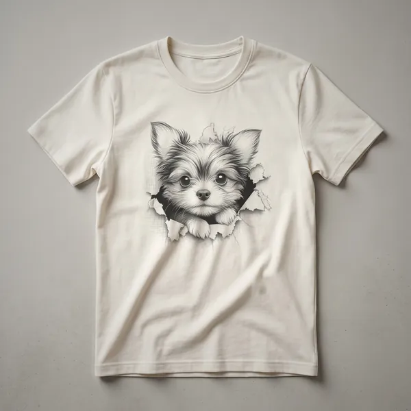 White t-shirt featuring a cartoon Chorkie dog peeking over the bottom edge of the design, with its head and front paws visible.