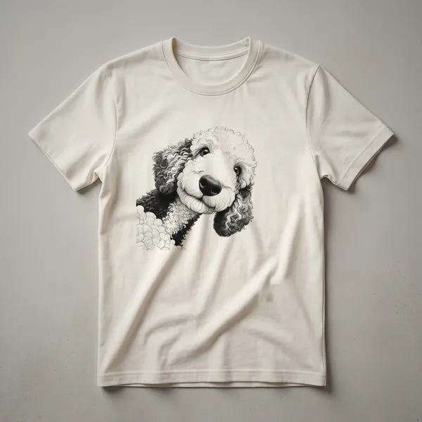 Black and white Sheepadoodle dog peeking over the bottom edge of a white t-shirt, with a playful expression.