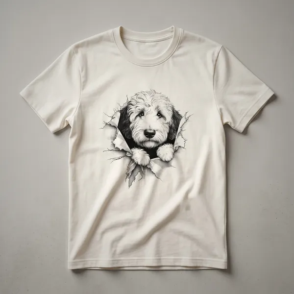 A cartoonish black and white Sheepadoodle dog peeking over the bottom edge of a t-shirt graphic.