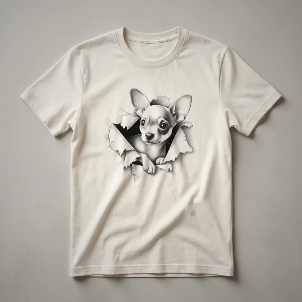 White graphic t-shirt featuring a cartoon illustration of a Chiweenie dog with brown and tan markings peeking from the bottom edge.