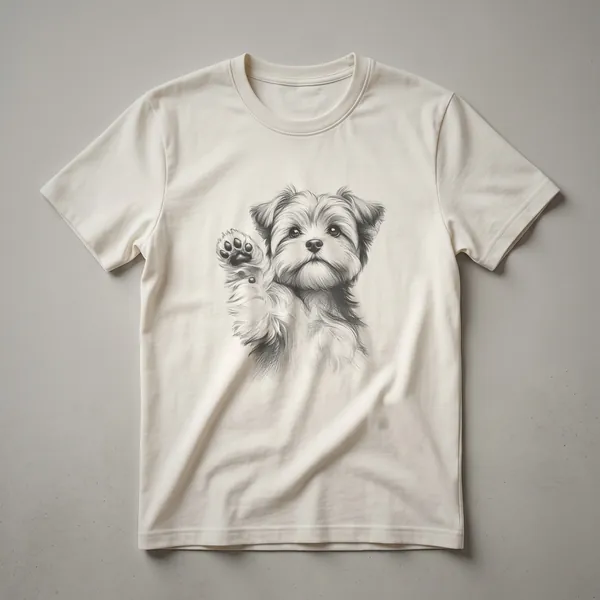 White graphic t-shirt with the word 'LOVE' in black, where the 'O' and 'V' are replaced by black paw prints, symbolizing Morkie love.