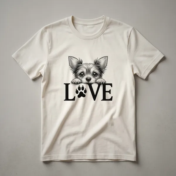 A black graphic t-shirt featuring a white paw print with a red heart inside, symbolizing dog love.