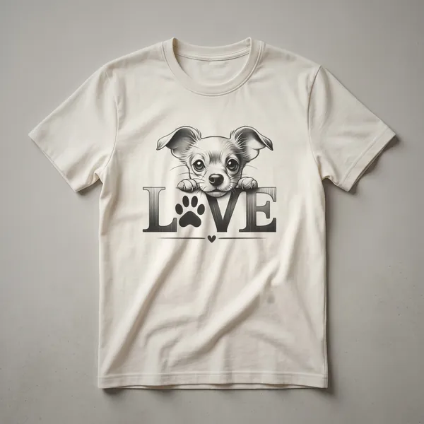 A black t-shirt with a white graphic design of a dog paw print where the pads spell out the word 'LOVE', symbolizing Chiweenie love.