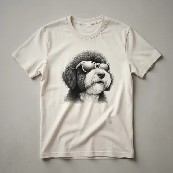 A graphic t-shirt featuring a Sheepadoodle dog wearing patriotic sunglasses, designed for Sheepadoodle dads.