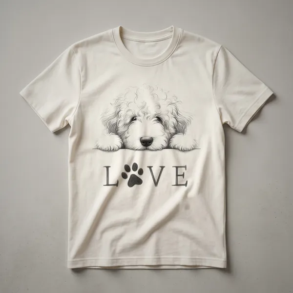 White graphic t-shirt featuring a black dog paw print with the word 'Love' in black text inside the paw.