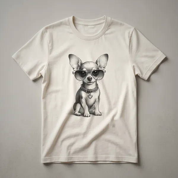 Black t-shirt with a graphic design of a Chiweenie dog wearing sunglasses in front of a distressed American flag, suitable for men and kids.