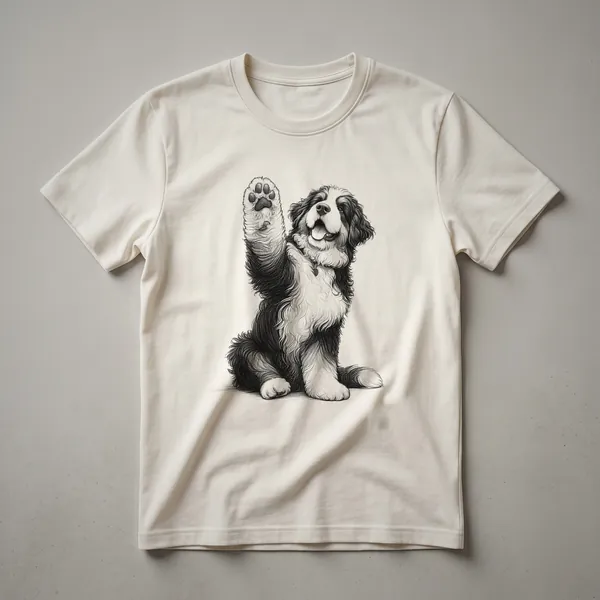 White graphic t-shirt featuring a black line-art illustration of a Bernedoodle dog raising its front paw, with the text 'Bernedoodle Dog Raising Paw Design' below.