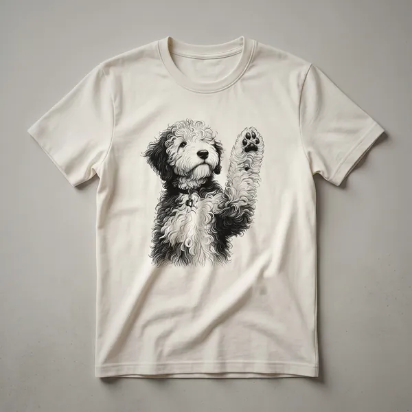 White Sheepadoodle dog raising its paw in a black line art graphic on a t-shirt.