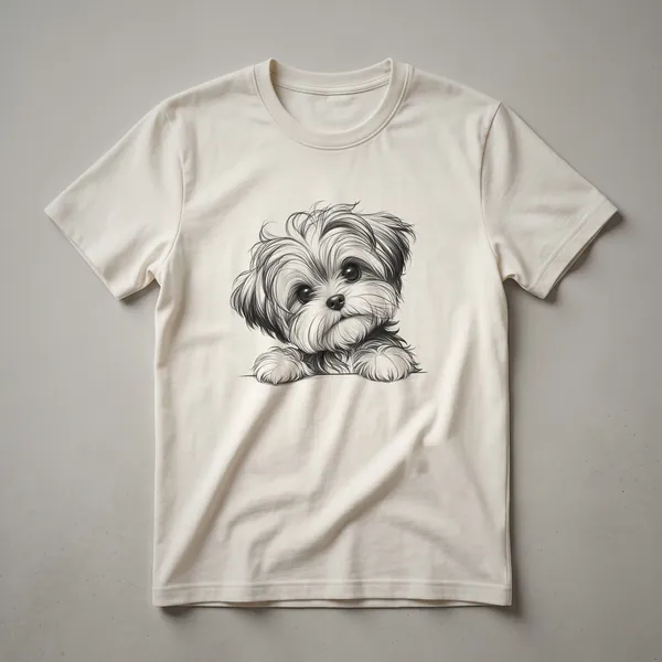 White t-shirt with a cartoon Morkie dog peeking from the bottom edge of the design, showing its face and front paws.