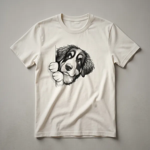 White graphic t-shirt featuring a cartoon Bernedoodle dog peeking over the bottom edge with its head and paws visible.