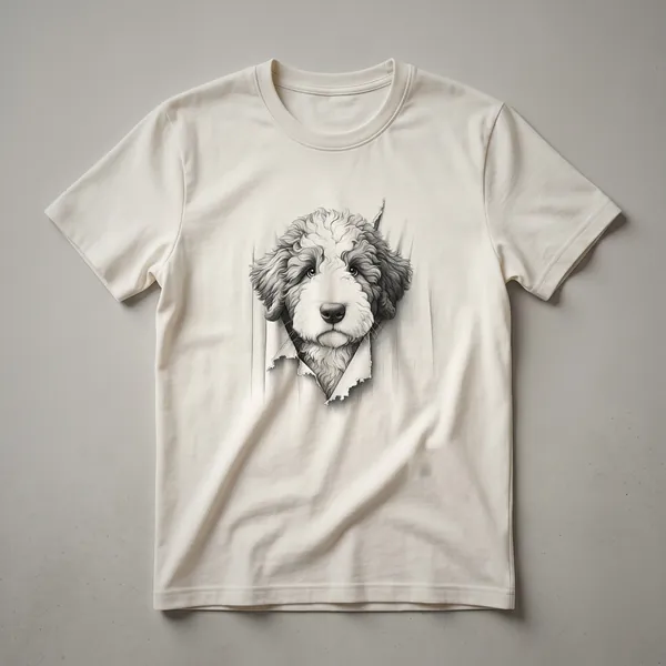 White t-shirt with a cartoon Bernedoodle dog peeking from the bottom edge, featuring its head, ears, and snout.