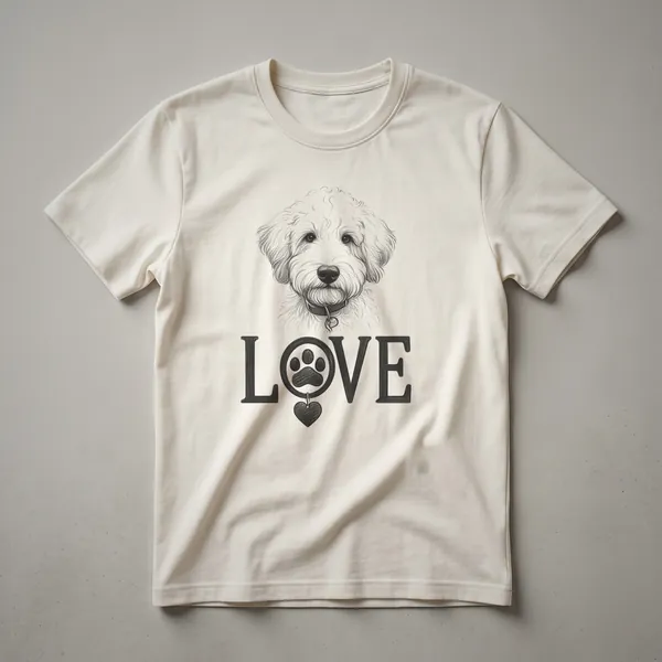 Black t-shirt with a white graphic of a paw print containing a heart shape, representing Whoodle dog love.
