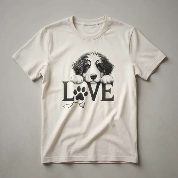 A graphic t-shirt featuring a black dog paw print with a red heart shape inside, symbolizing love for Bernedoodles.