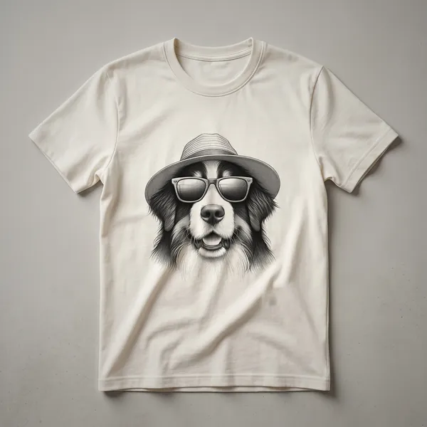 White t-shirt with a graphic of a cartoon Bernedoodle dog wearing sunglasses in front of a distressed American flag.